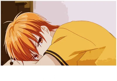 Hình ảnh nhân vật anime nam tóc cam, mặc áo vàng, đang gục đầu xuống tay với biểu cảm buồn bã.