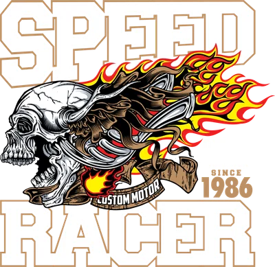 Hình in đầu lâu phong cách biker với ngọn lửa và chữ Speed Racer cho áo thun