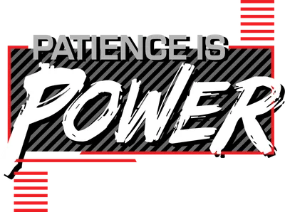 Hình in chuyển nhiệt slogan "Patience is Power" với chữ "Power" lớn, phong cách graffiti, nền xám và sọc đen trắng, viền đỏ.