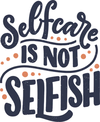 Hình ảnh typography với dòng chữ "Selfcare Is Not Selfish" màu xanh đậm, phông chữ kết hợp nét viết tay và in hoa, có hiệu ứng vintage và các chấm tròn màu cam trang trí trên nền xám.