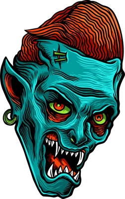 Hình minh họa chân dung quái vật zombie màu xanh với mái tóc cam phong cách vẽ tay nghệ thuật