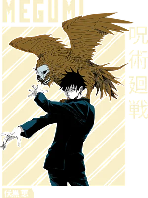 Hình ảnh Megumi Fushiguro từ anime Jujutsu Kaisen triệu hồi một con chim ưng có đầu lâu.