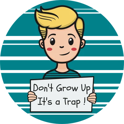 Hình vẽ hoạt hình cậu bé tóc vàng cầm tấm biển trắng có chữ 'Don't Grow Up It's a Trap!'