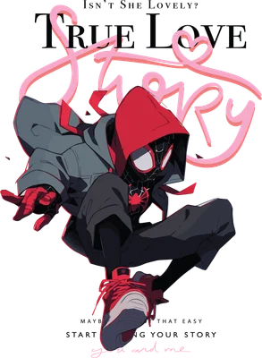 Hình ảnh Spider-Man Miles Morales trong trang phục đặc trưng, tư thế hành động, với chữ "TRUE LOVE STORY" phía trên.