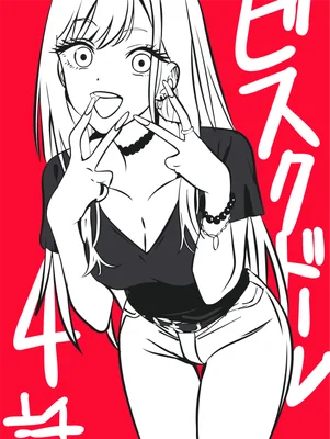 Hình vẽ anime cô gái tóc dài, mặc áo đen, quần jean, tạo dáng hai ngón tay chữ V, nền đỏ.