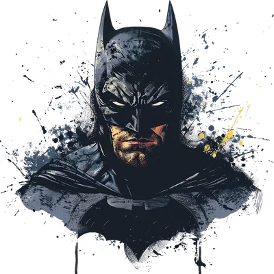 Hình ảnh Batman với mặt nạ đen, biểu cảm nghiêm nghị, phong cách truyện tranh với hiệu ứng vệt sơn bắn tung tóe trên nền xám.