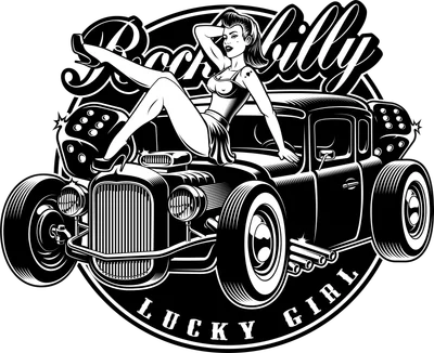 Hình minh họa cô gái phong cách Rockabilly ngồi trên xe hơi cổ điển đen trắng