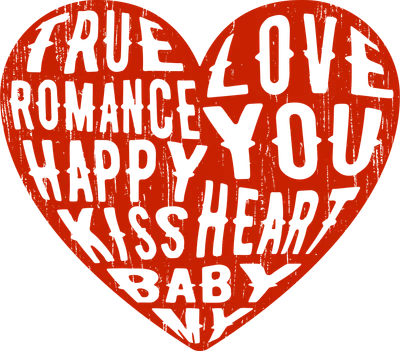 Hình trái tim màu đỏ với các chữ "TRUE LOVE", "ROMANCE", "HAPPY", "KISS HEART", "BABY" màu xám bên trong.
