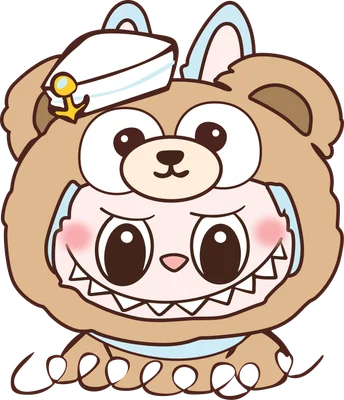 Hình vẽ nhân vật hoạt hình chibi dễ thương mặc trang phục gấu màu nâu, đội mũ thủy thủ trắng có mỏ neo vàng, má hồng, răng nhọn.
