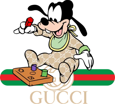 Hình vẽ hoạt hình chú chó Goofy mặc bộ đồ liền thân in họa tiết Gucci, đeo yếm, đang chơi với khối đồ chơi xếp hình.