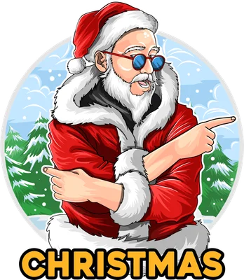 Hình minh họa Ông Già Noel đeo kính râm, mặc áo đỏ viền trắng, chỉ tay ra hai bên, nền tuyết và cây thông.