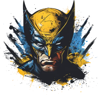 Hình ảnh cận mặt Wolverine, anh hùng Marvel, với mặt nạ vàng xanh và hiệu ứng splatter art màu đen, vàng, xanh trên nền xám.