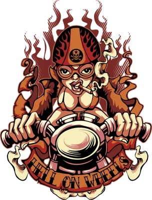 Hình minh họa cô gái biker đội mũ bảo hiểm phong cách retro với dòng chữ Hell on Wheels