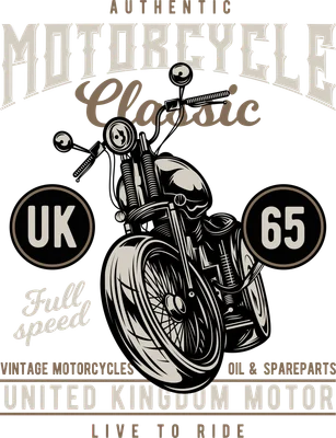 Thiết kế hình in xe mô tô cổ điển phong cách vintage với chữ UK 65