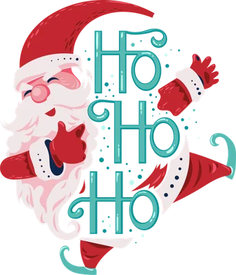 Hình vẽ Ông Già Noel hoạt hình với bộ râu trắng, đội mũ đỏ, tay giơ ngón cái và dòng chữ "Ho Ho Ho" màu xanh ngọc.