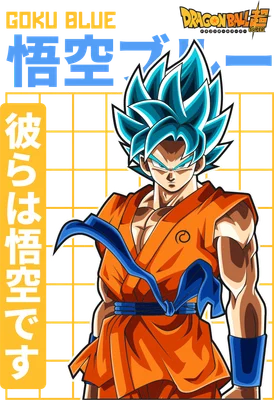 Hình ảnh Goku Blue với mái tóc xanh đặc trưng, trang phục cam, biểu cảm mạnh mẽ.
