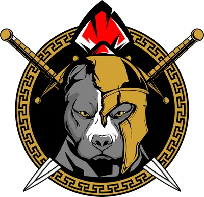 Hình ảnh chó Pitbull mạnh mẽ đội mũ giáp Spartan, mắt vàng sắc sảo, bao quanh bởi hoa văn Hy Lạp và kiếm chiến binh.