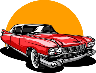 Hình ảnh minh họa xe Cadillac cổ điển màu đỏ với mui trắng, đèn pha tròn và lưới tản nhiệt mạ crôm, phía sau là vầng mặt trời cam.