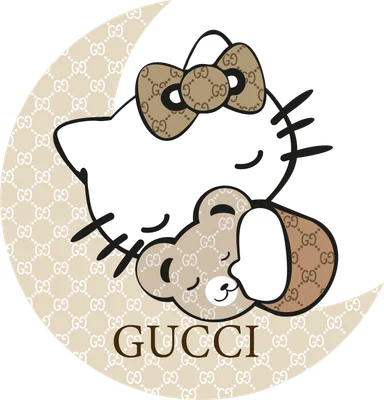 Hình ảnh Hello Kitty ôm gấu ngủ, với họa tiết Gucci trên nơ, gấu và trăng lưỡi liềm.