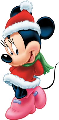 Minnie Mouse hoạt hình mặc trang phục Giáng Sinh, đội mũ ông già Noel đỏ, quàng khăn xanh và đi ủng hồng, mỉm cười vui vẻ.