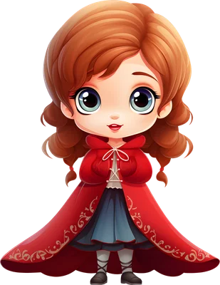 Hình minh họa cô bé quàng khăn đỏ phong cách chibi đáng yêu với áo choàng đỏ, váy xanh và đôi mắt to tròn.