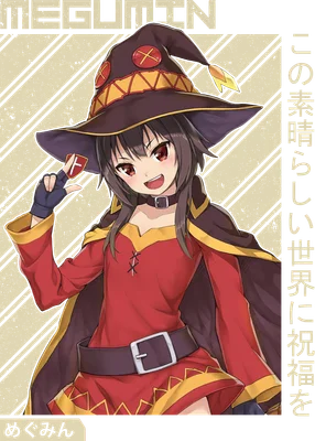 Hình ảnh Megumin, nhân vật anime Konosuba, mặc trang phục pháp sư đỏ, đội mũ phù thủy, cầm huy hiệu.
