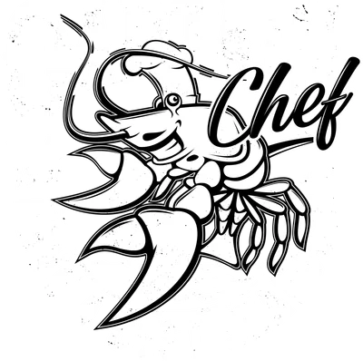Hình minh họa tôm hùm đầu bếp hoạt hình đội mũ, với chữ 'Captain Chef' và 'Estd 1961' phong cách vintage màu trắng trên nền xám.
