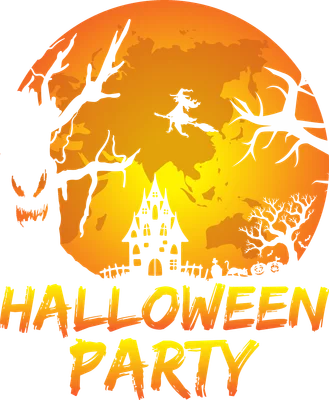 Hình ảnh Halloween với trăng tròn màu cam rực lửa, cây khô, lâu đài ma ám, phù thủy bay và dòng chữ Halloween Party.