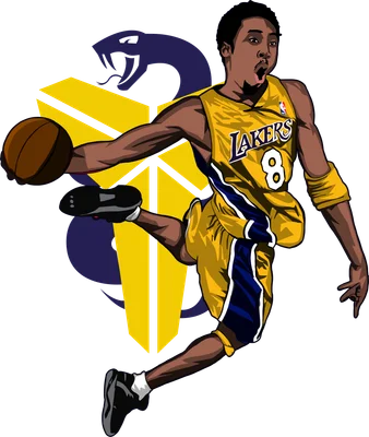 Hình vẽ Kobe Bryant mặc áo số 8 của Lakers đang ném bóng, phía sau là logo Black Mamba và biểu tượng Lakers.