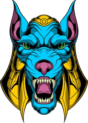 Hình ảnh minh họa đầu chó thần Anubis Ai Cập với màu xanh dương, vàng và các chi tiết đầu lâu, răng nanh sắc nhọn.