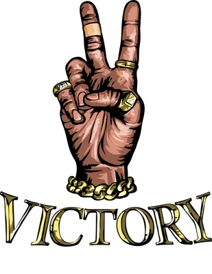 Hình minh họa bàn tay giơ hai ngón tạo dấu hiệu chiến thắng, đeo nhẫn vàng, băng cá nhân và chữ Victory.