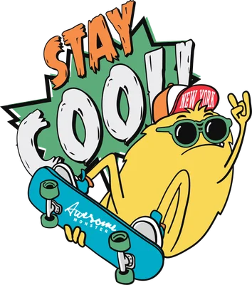 Hình minh họa quái vật màu vàng đeo kính râm trượt ván với dòng chữ Stay Cool phong cách hoạt hình