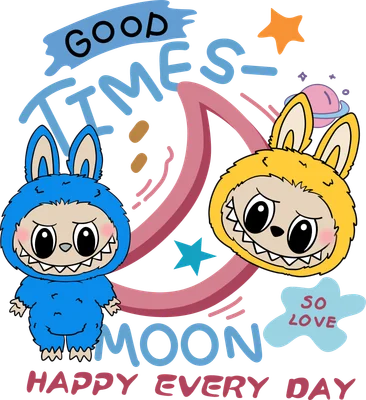 Hình minh họa hai quái vật hoạt hình màu xanh và vàng trong trang phục thỏ, với chữ 'GOOD TIMES MOON HAPPY EVERY DAY' và các ngôi sao, hành tinh.