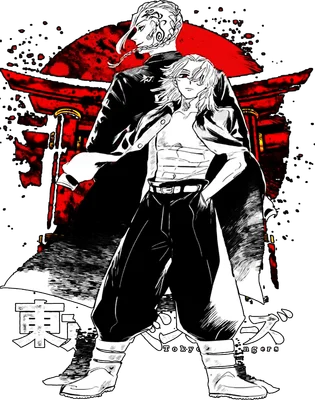 Hai nhân vật nam anime đứng trước cổng Torii đỏ, phong cách vẽ đen trắng với điểm nhấn đỏ.