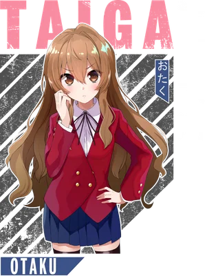 Hình ảnh Taiga Aisaka, nhân vật anime với mái tóc nâu dài, mặc áo khoác đỏ và váy xanh.