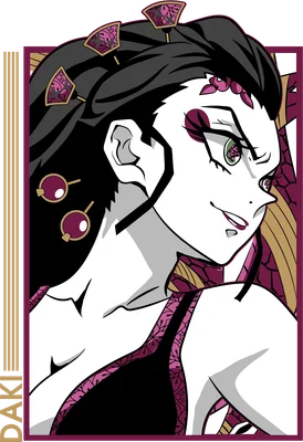 Hình ảnh Daki từ anime Kimetsu no Yaiba, với mái tóc đen dài, trang phục tím và đôi mắt xanh lá cây.