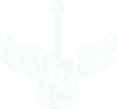 Hình vẽ guitar cách điệu với đôi cánh xoắn ốc màu trắng trên nền xám.