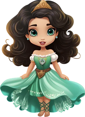 Hình ảnh minh họa công chúa chibi tóc nâu xoăn, mắt xanh biếc, mặc váy xanh ngọc, đội vương miện vàng, nền xám.