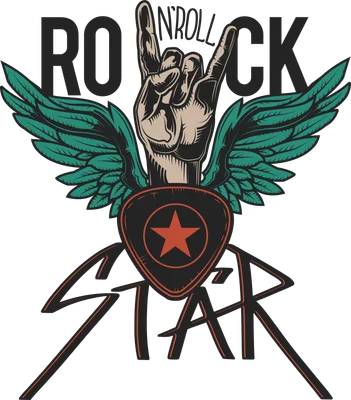 Hình minh họa bàn tay biểu tượng Rock N Roll với đôi cánh và ngôi sao phong cách vintage