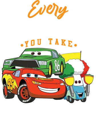 Hình ảnh hoạt hình xe đua Lightning McQueen, xe xanh lá và xe nhỏ màu xanh dương với lá cờ Ý, kèm chữ 'Every BREATH YOU TAKE'