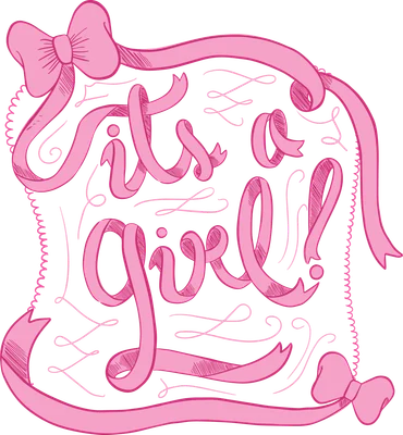 Hình ảnh minh họa dòng chữ "It's a Girl" được tạo hình từ ruy băng màu hồng, kèm theo nơ và các họa tiết uốn lượn trên nền xám.