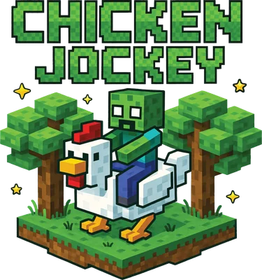 Hình ảnh zombie pixel cưỡi gà trắng, với cây cối và mặt đất theo phong cách Minecraft.
