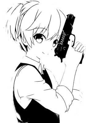 Hình vẽ anime nhân vật nam tóc đuôi ngựa cầm súng, phong cách đen trắng.