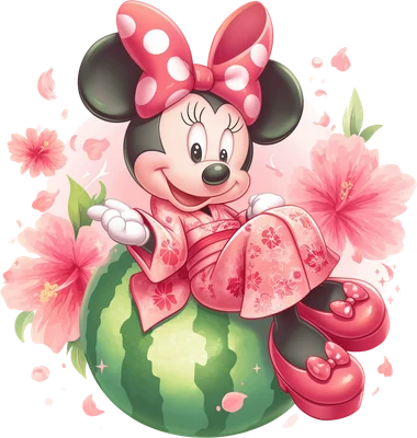 Minnie Mouse hoạt hình dễ thương mặc kimono hồng họa tiết hoa, ngồi trên quả dưa hấu xanh, xung quanh là hoa dâm bụt hồng và cánh hoa rơi.