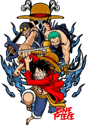 Hình ảnh nhóm nhân vật anime Hải Tặc Mũ Rơm (Luffy, Zoro, Usopp) trong One Piece, bao quanh bởi hiệu ứng lửa xanh.