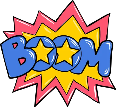 Hình ảnh chữ BOOM màu xanh dương với ngôi sao vàng bên trong, trên nền hiệu ứng nổ màu vàng và hồng.