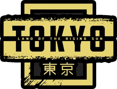 Thiết kế biểu tượng Tokyo Land of the Rising Sun với chữ TOKYO và ký tự Nhật Bản.