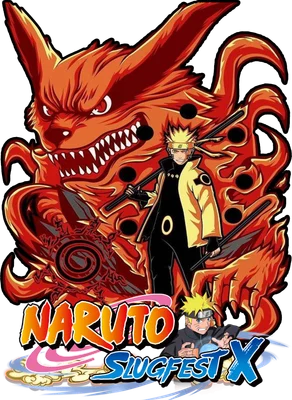 Hình ảnh Naruto Uzumaki đứng trước Cửu Vĩ khổng lồ với biểu cảm mạnh mẽ, kèm logo Naruto Slugfest X.
