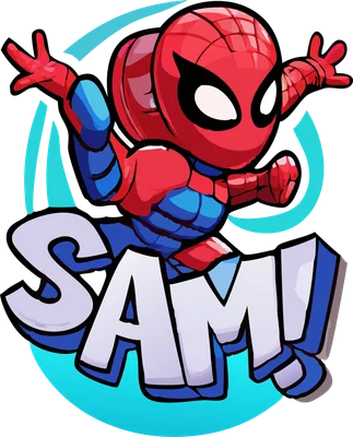 Hình ảnh Người Nhện chibi màu đỏ xanh đang tạo dáng năng động, phía dưới là chữ SAM! màu trắng và xanh dương.
