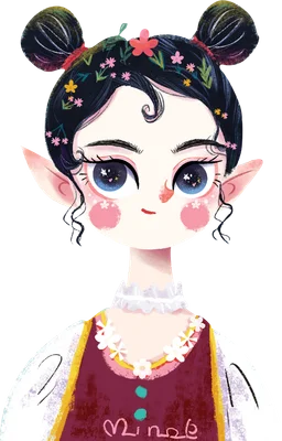 Hình vẽ cô gái elf với đôi mắt to tròn lấp lánh, tóc búi hai bên đính hoa và lá, đeo vòng hoa trên cổ.